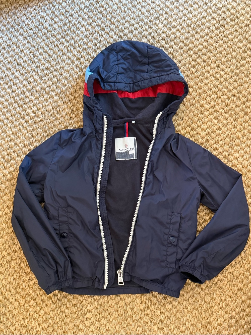 Moncler Kids Navy Hooded Jacket with Red/Blue Trim